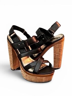 BeBe Black Leather Strappy Platform Cork Heel Paulina Sandals Size 9